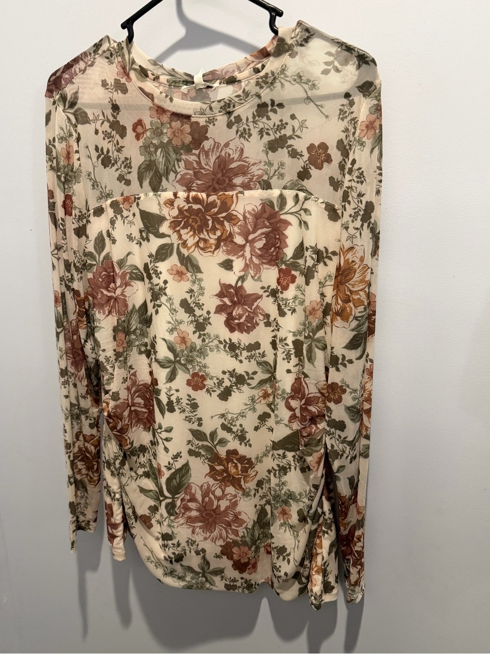 Maurices Cream Sheer Floral Long Sleeve Top with Rust & Olive Blooms